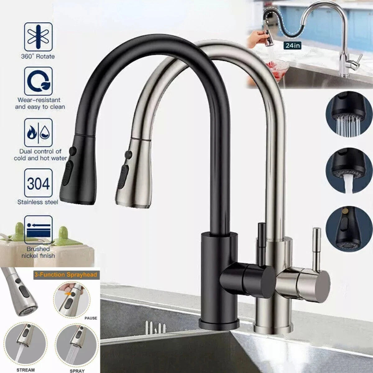 360° Kitchen Sink Mixer Taps Pull Out Spout Spray Single Lever Modern