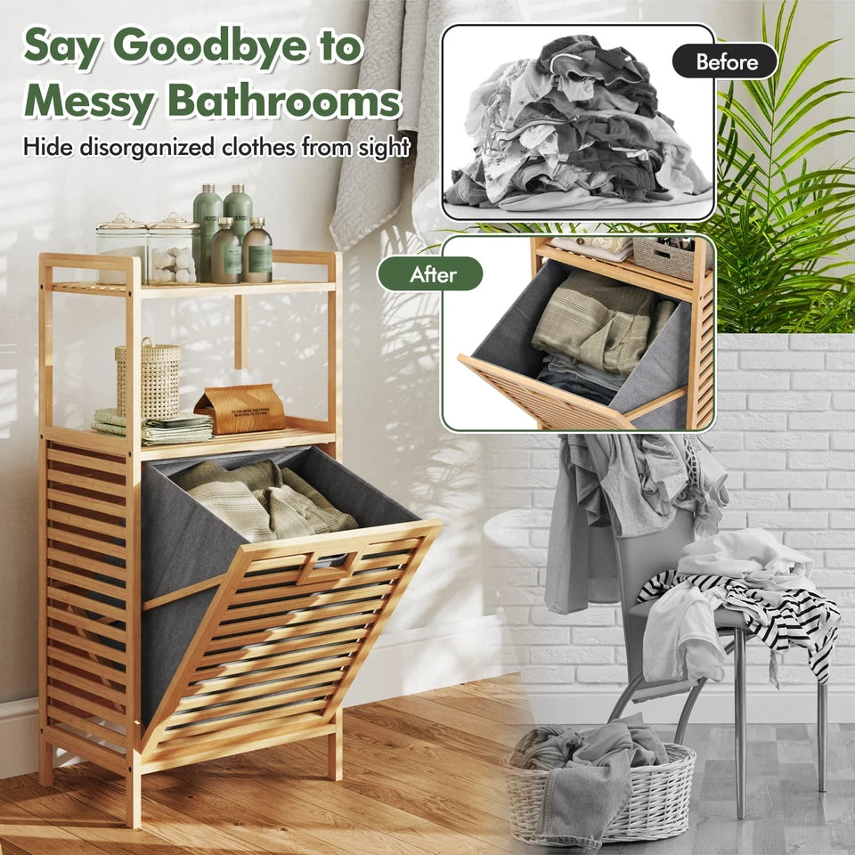 Bamboo Bathroom Shelf Tilt out Laundry Hamper Storage Organiser w/Laundry Basket