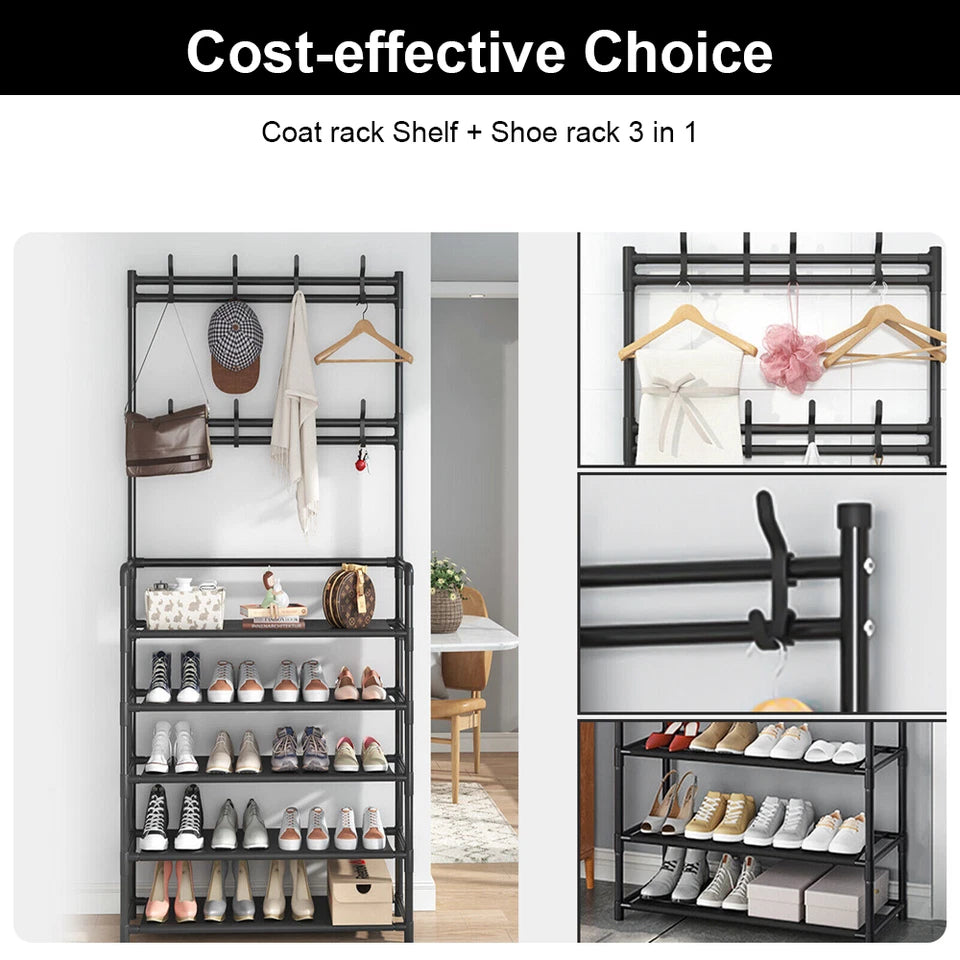 8 Hooks Coat and Hat Stand Metal + Plastic Shoe Rack Bedroom Shelf Hanger
