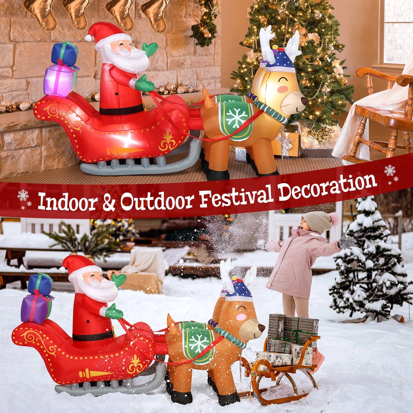 7FT Christmas Inflatable Santa Claus Sledge Sleigh Reindeer Blow Up Xmas Garden
