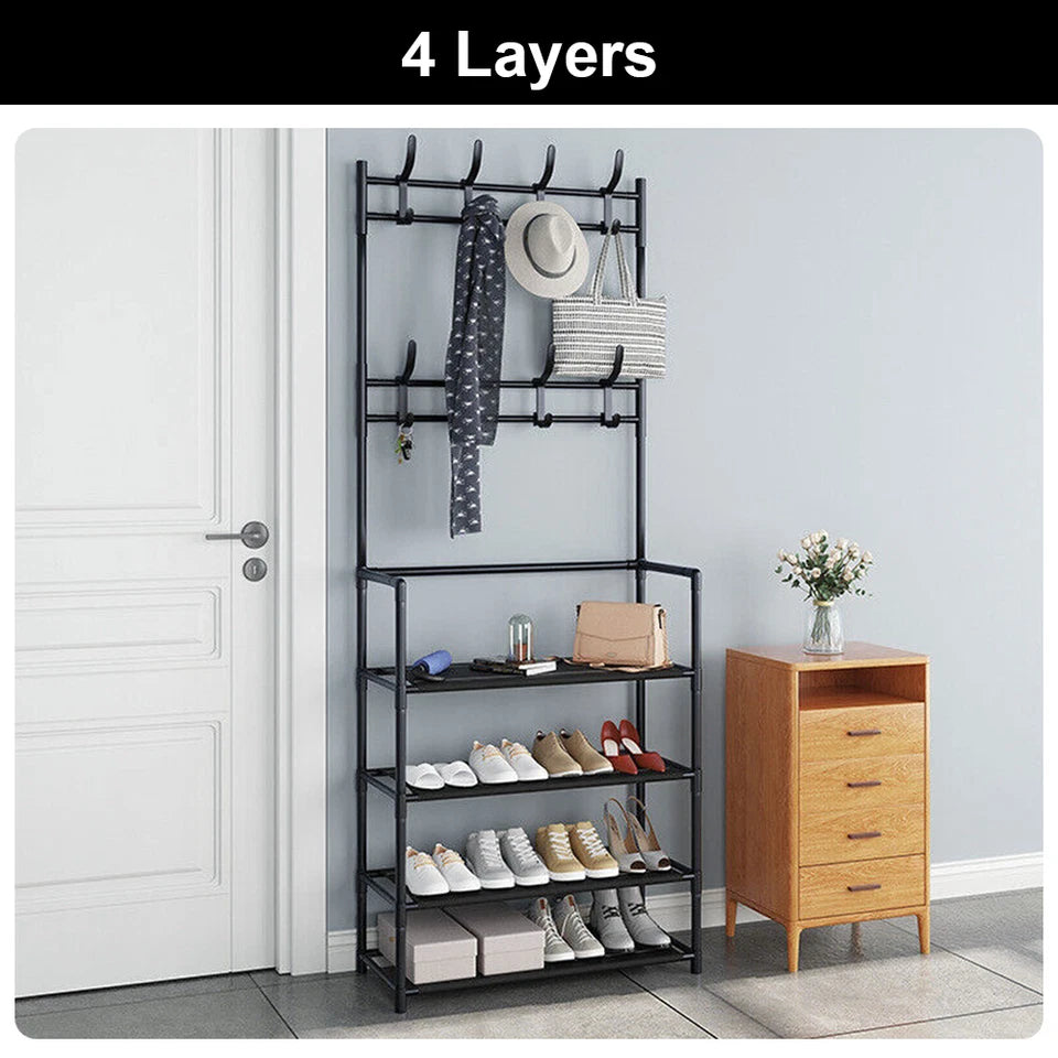 8 Hooks Coat and Hat Stand Metal + Plastic Shoe Rack Bedroom Shelf Hanger