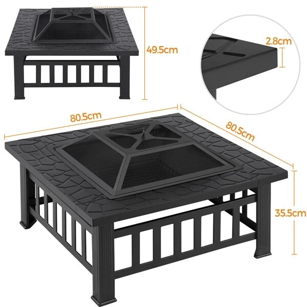 Large Fire Pit BBQ Outdoor Iron Grill Square Garden Table Patio Log Burner Stove