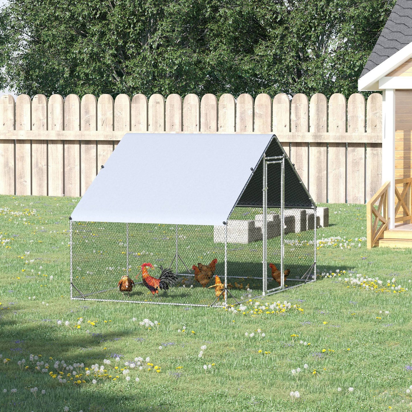 Walk In Chicken Run Galvanized Chicken Coop Hen House w/ Water-Resist Cover
