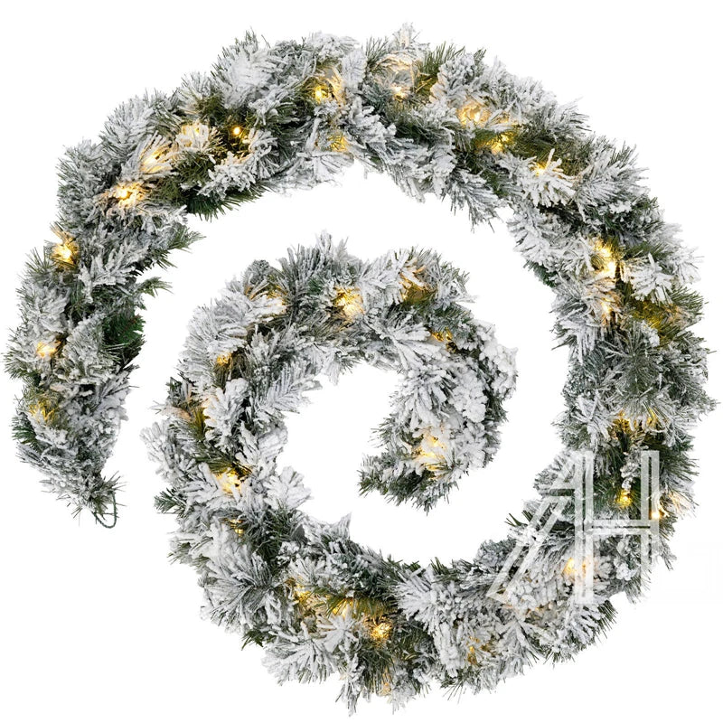 9Ft Christmas LED Pre Lit Garland Snow Flocked Artificial Wreath Xmas Decora