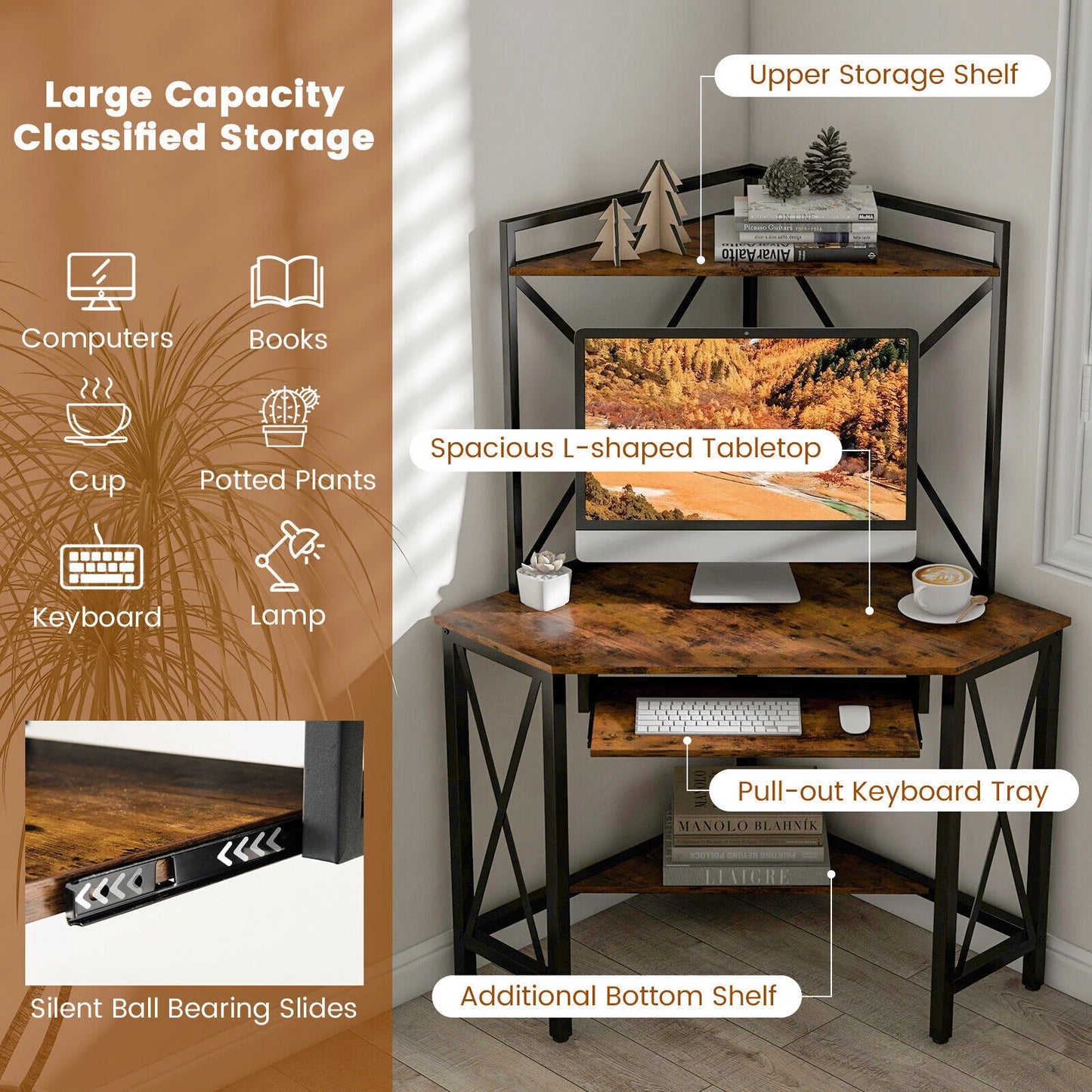 Corner Desk Space-Saving Computer Desk Home Office Study Writing Desk w/Shelves