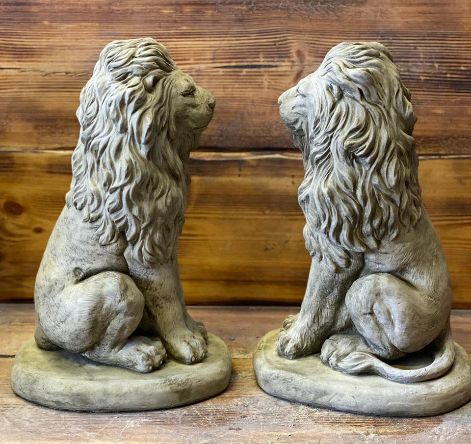 LION PAIR Stone Garden Ornament 40cm Statue