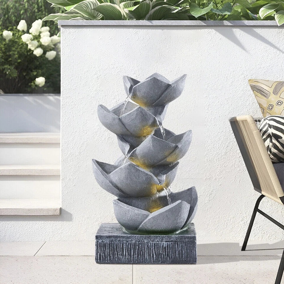 Water Feature Lotus Cascading Fountain With Solar LED Light Outdoor Garden Decor