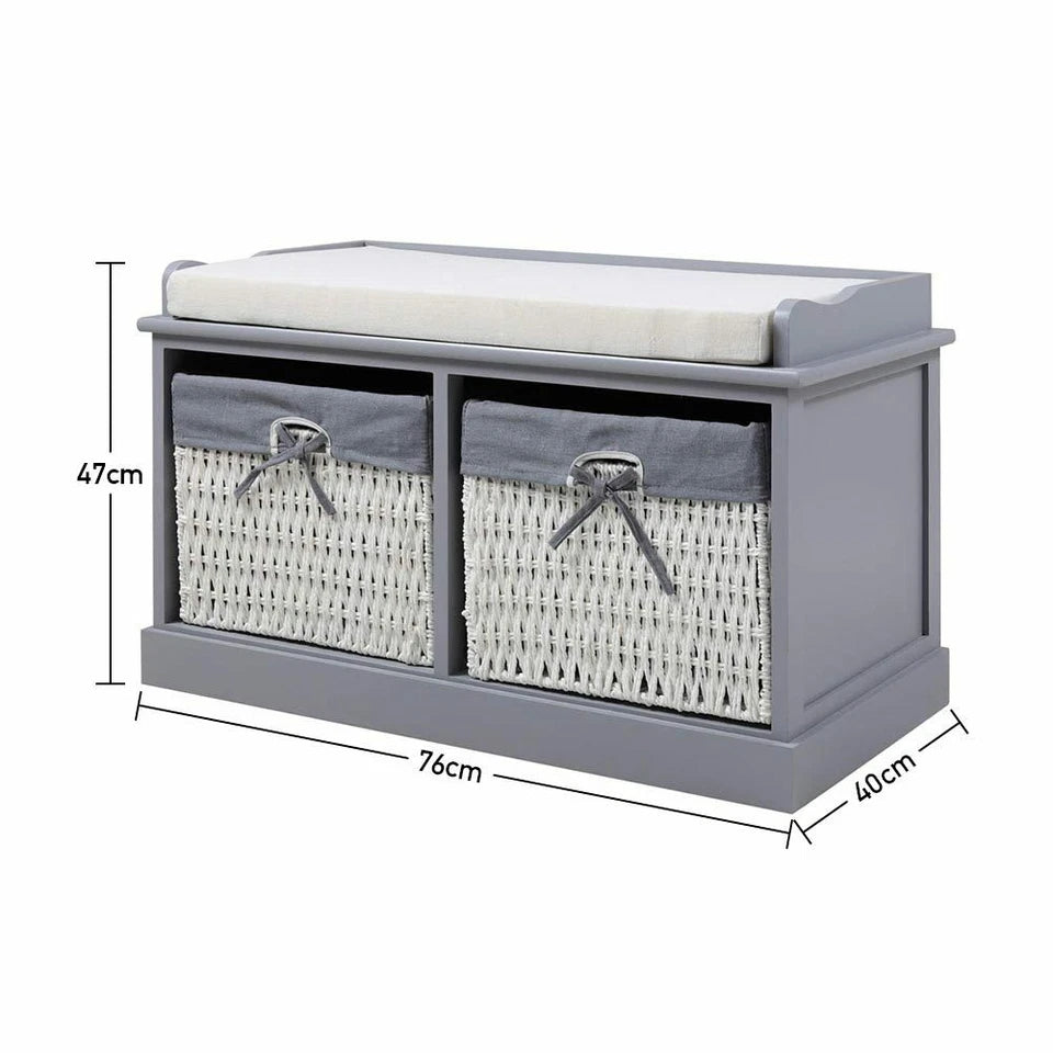 Large Shoe Storage Bench with Seat Cushion And 2 Rattan Basket Organiser Hallway