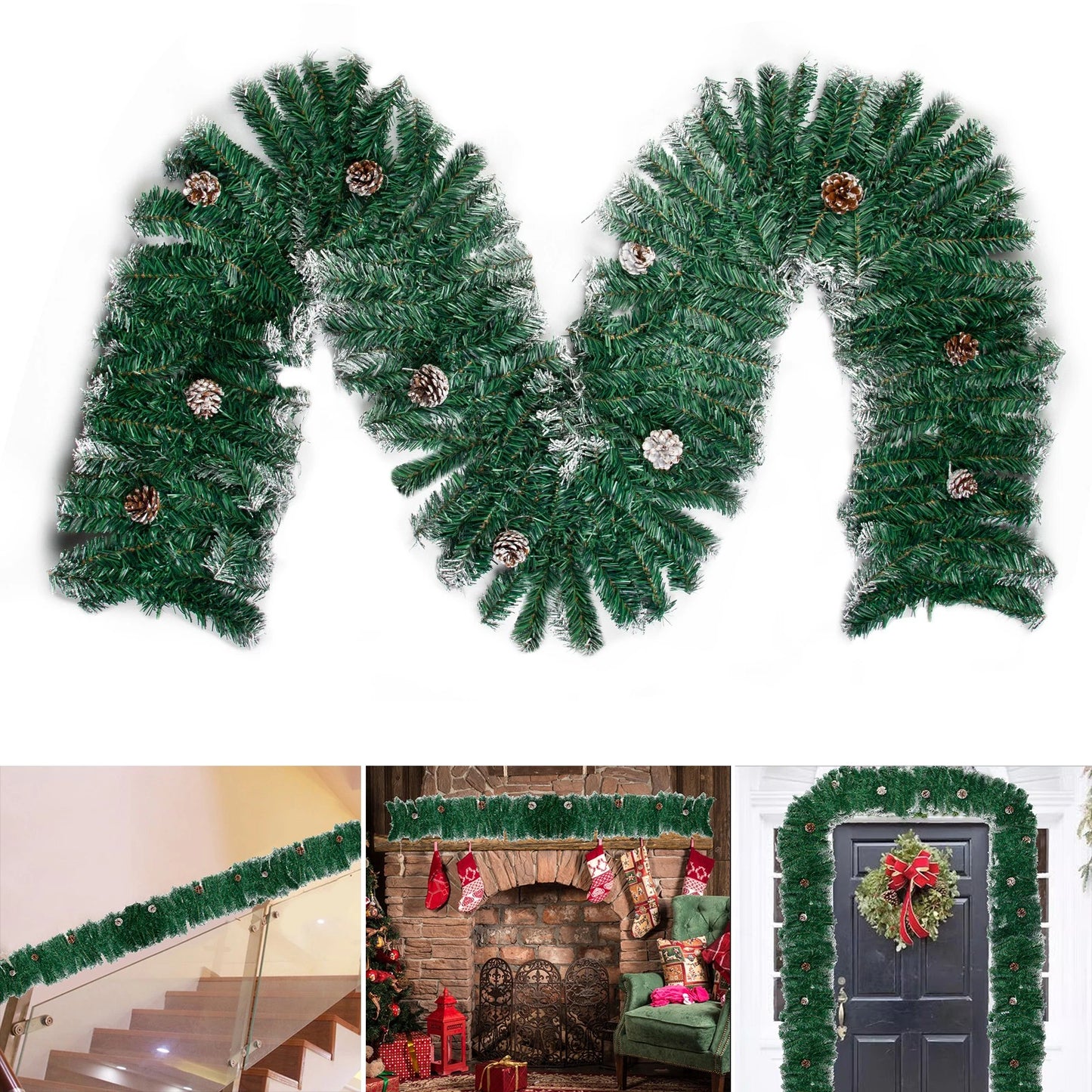 9ft Christmas Garland Snow Flocked With Lights Pinecones Berries Wreath Bushy
