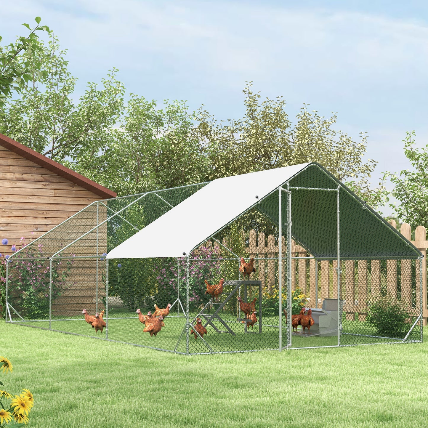 Walk In Chicken Run Galvanized Chicken Coop Hen House w/ Water-Resist Cover