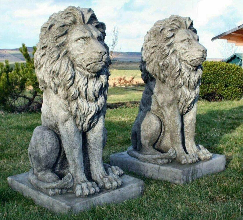 Pair Large Proud Lions Heavy Stone Cast Garden Statues by DGS UK 330KGS