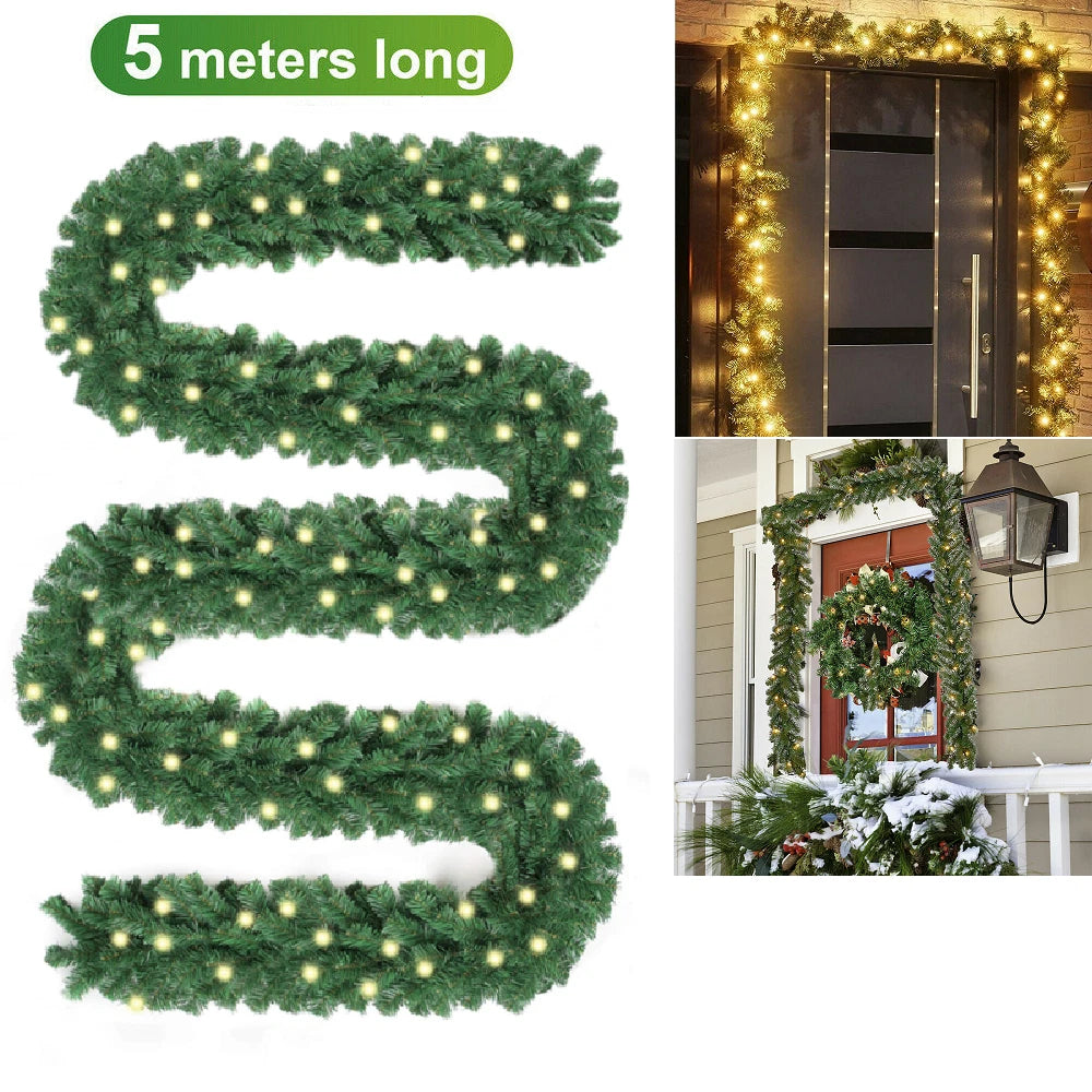 16FT Christmas Garland with LED Lights Pre Lit Stairs Home Fireplace Bushy Pine