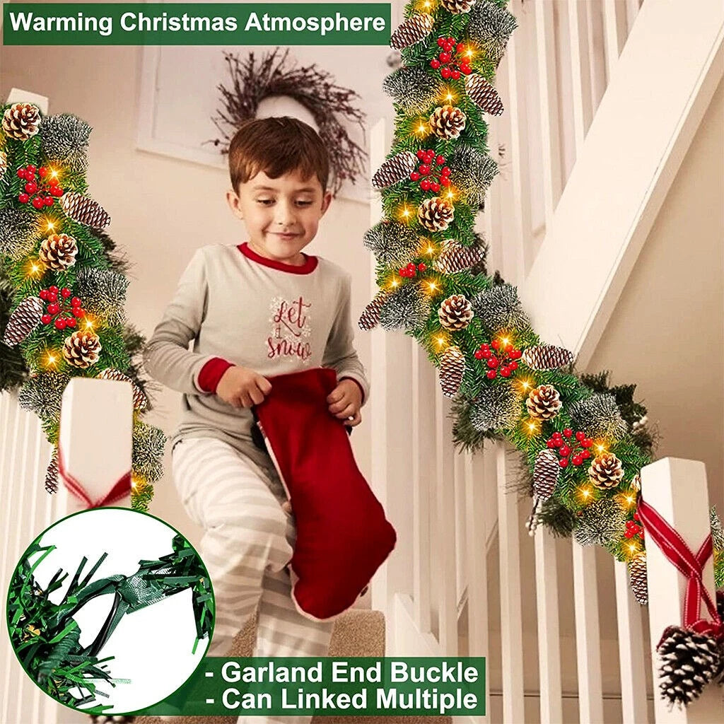 9ft Christmas Garland Snow Flocked With Lights Pinecones Berries Wreath Bushy