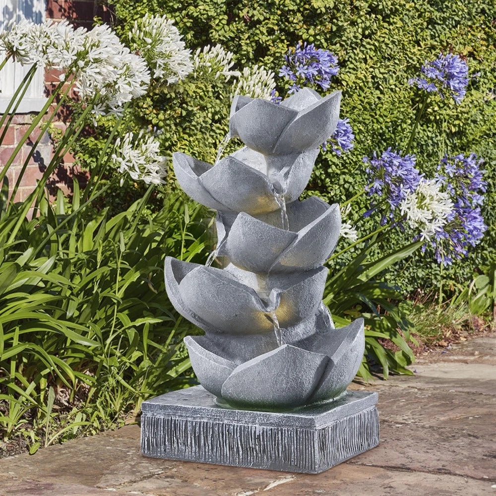 Water Feature Lotus Cascading Fountain With Solar LED Light Outdoor Garden Decor