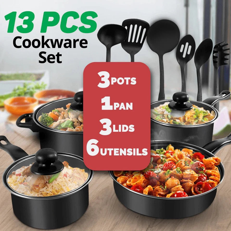 13pcs Cookware Set Pan Pot Non Stick Saucepans Frying Pan Cookware Set Glass Lid