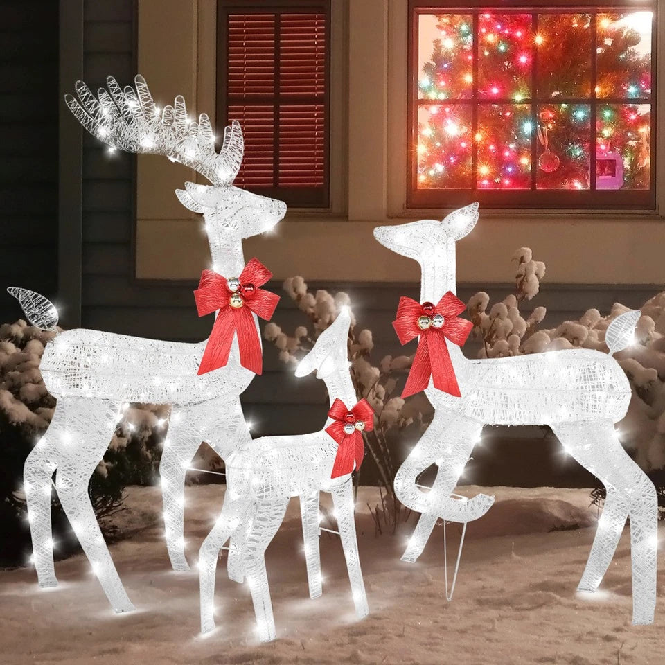 Set of 3 Light Up Reindeer Family Outdoor Christmas Decoration White Wire LED