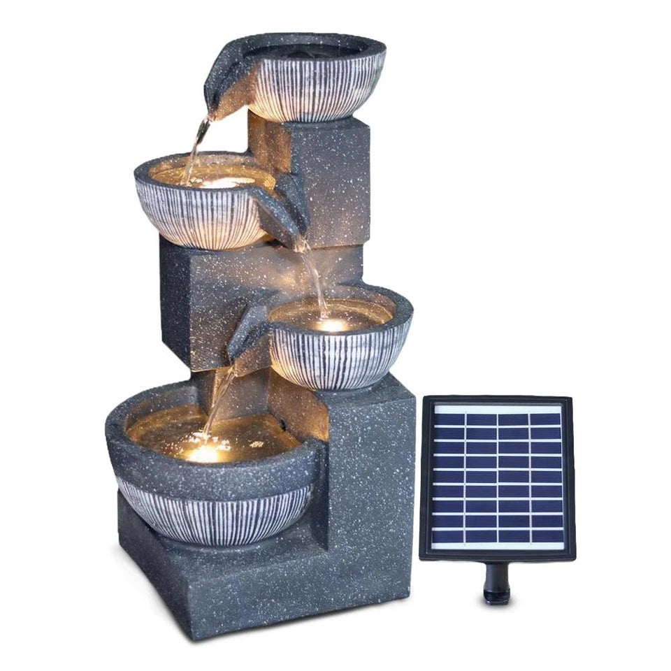 Solar Garden Water Feature Fountain Deco- ration 4 Tier Bowl LED Outdoor Indoor