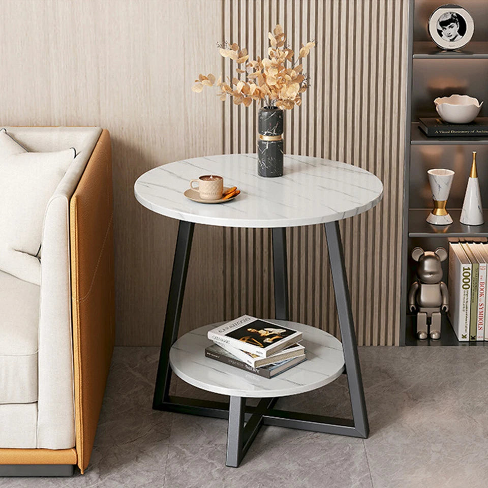 Round 2 Tier Coffee Table Side Table White Marble Effect End Table Living Room