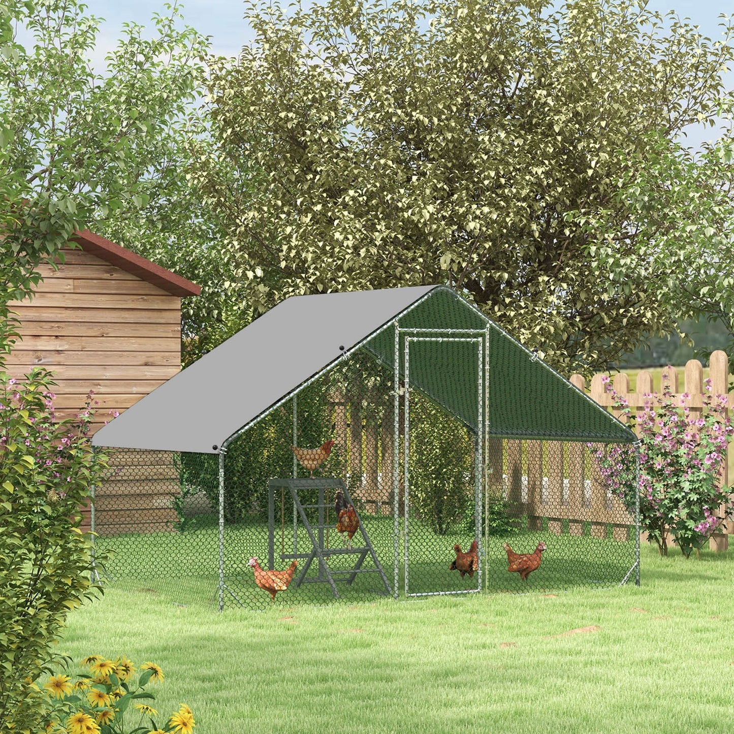 Walk In Chicken Run Galvanized Chicken Coop Hen House w/ Water-Resist Cover