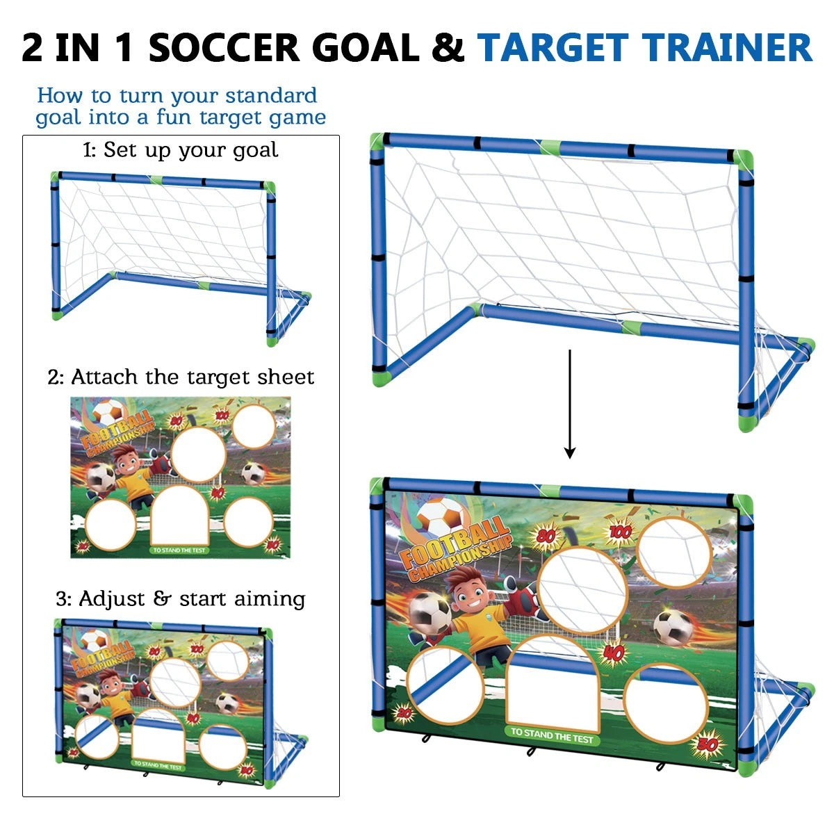Kids 2in1 Portable Soccer Goal Post Up Football Target Board With Net, Ball Pump