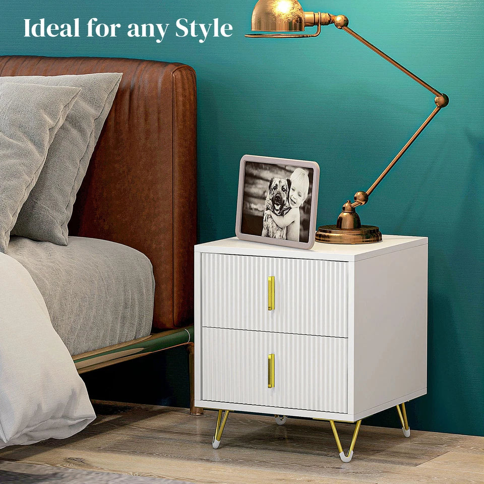 Bedside Table with 2 Drawers Gold Legs Side Table Nightstand Bedroom Furniture