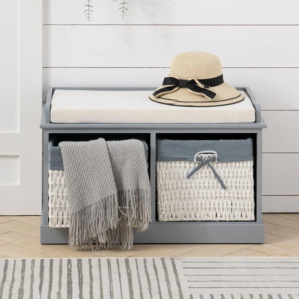 Large Shoe Storage Bench with Seat Cushion And 2 Rattan Basket Organiser Hallway