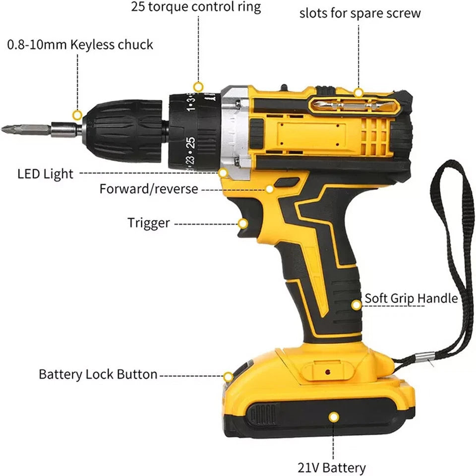 2 Battery 21V Cordless Drill Combi Driver High Power Electric Screwdriver Set UK