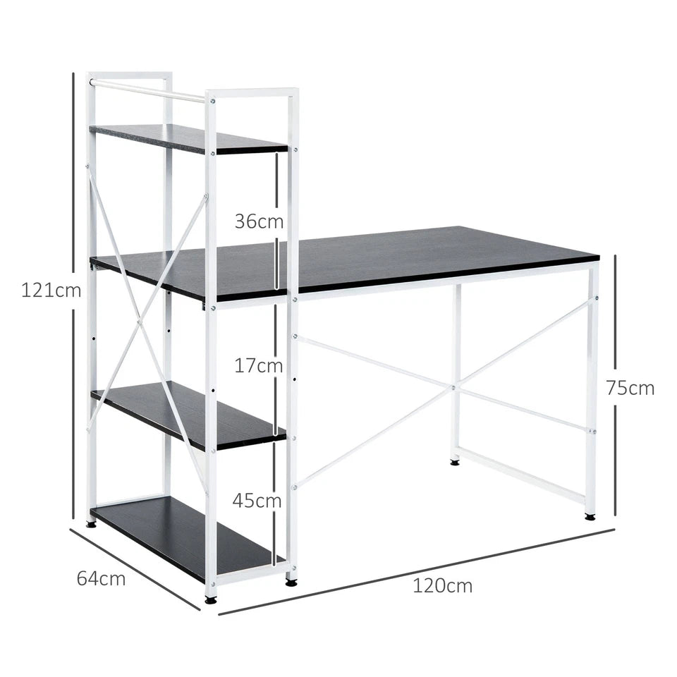 Computer Desk Laptop Table w/4-tier Bookshelf Metal Frame Black, White