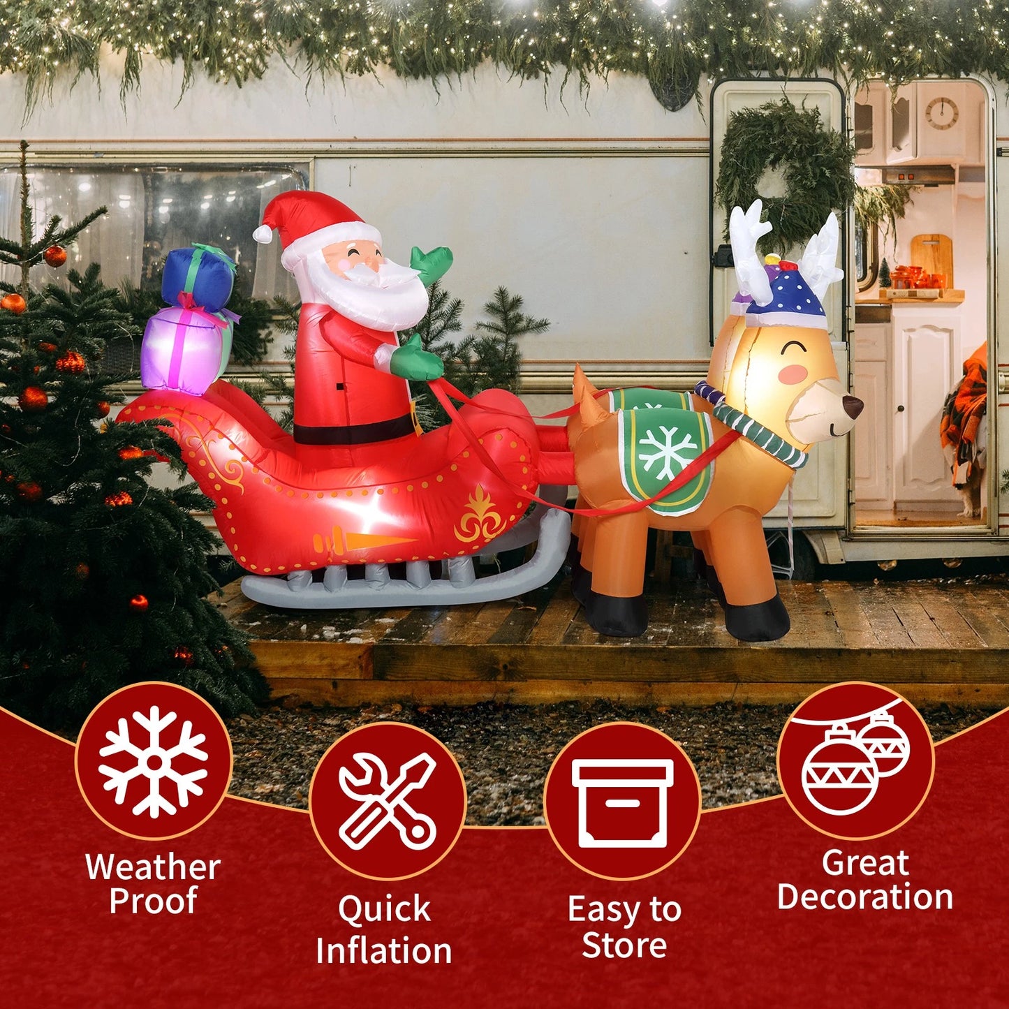 7FT Christmas Inflatable Santa Claus Sledge Sleigh Reindeer Blow Up Xmas Garden