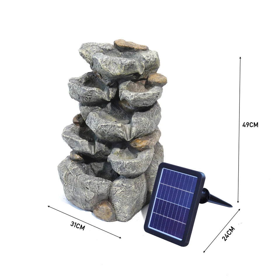 Solar Powered Cascading Stones Fountain LED Water Feature Garden Statues Pump