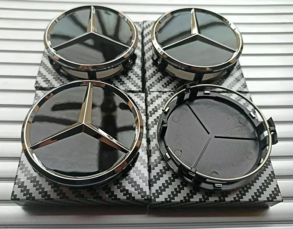4 x Black Mercedes Benz 75mm Alloy Wheel Centre Caps AMG A B C E S M Class Hub.
