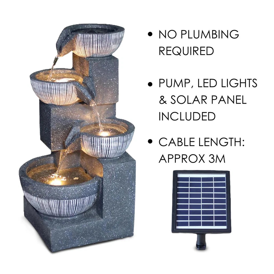 Solar Garden Water Feature Fountain Deco- ration 4 Tier Bowl LED Outdoor Indoor