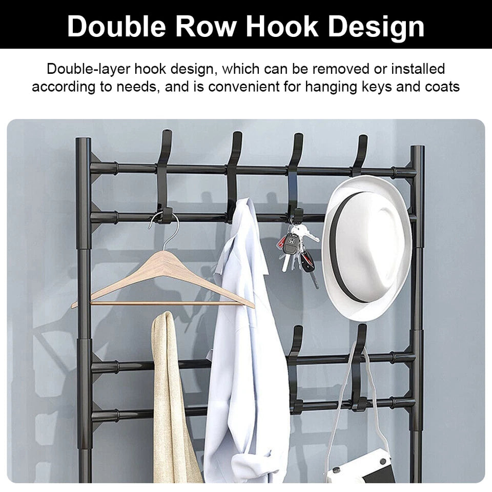 8 Hooks Coat and Hat Stand Metal + Plastic Shoe Rack Bedroom Shelf Hanger