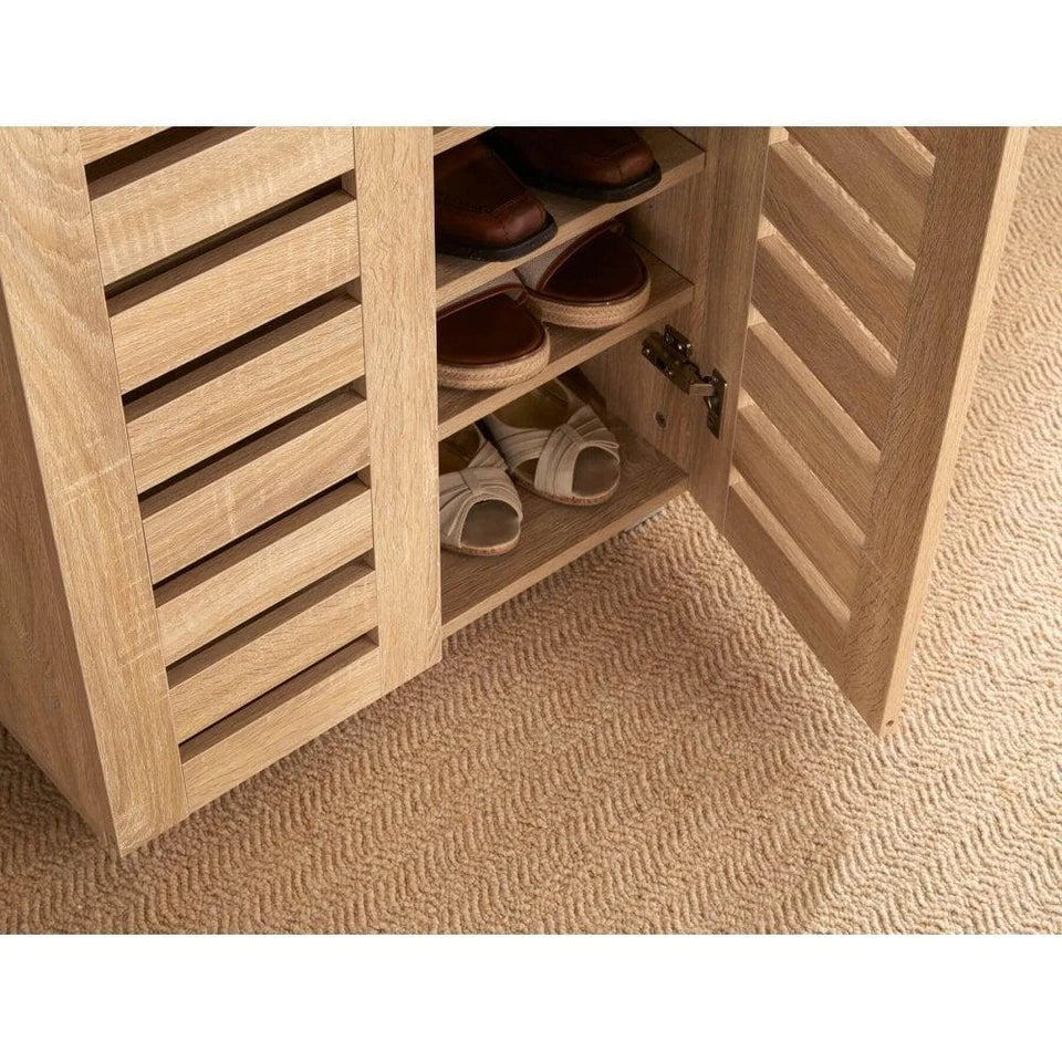 2 Door Shoe Storage Cabinet Rack Stand Cupboard Oak Wooden Slatted Doors Oslo