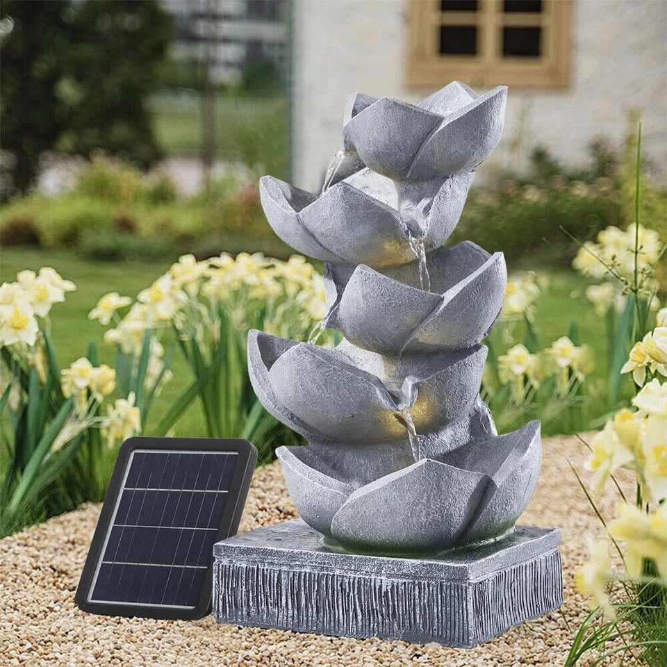 Water Feature Lotus Cascading Fountain With Solar LED Light Outdoor Garden Decor