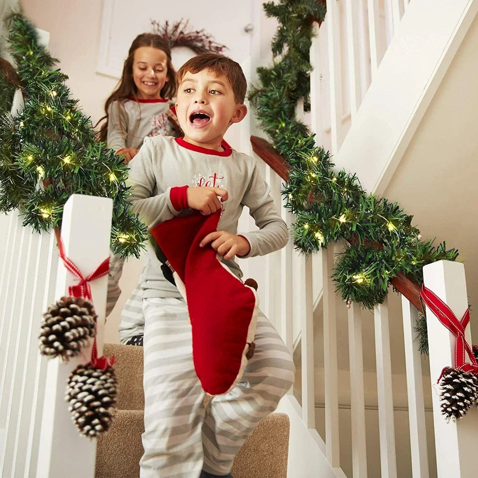 9ft Bushy Pine XMAS Christmas Garland with Lights for Stairs Outdoor Decorations