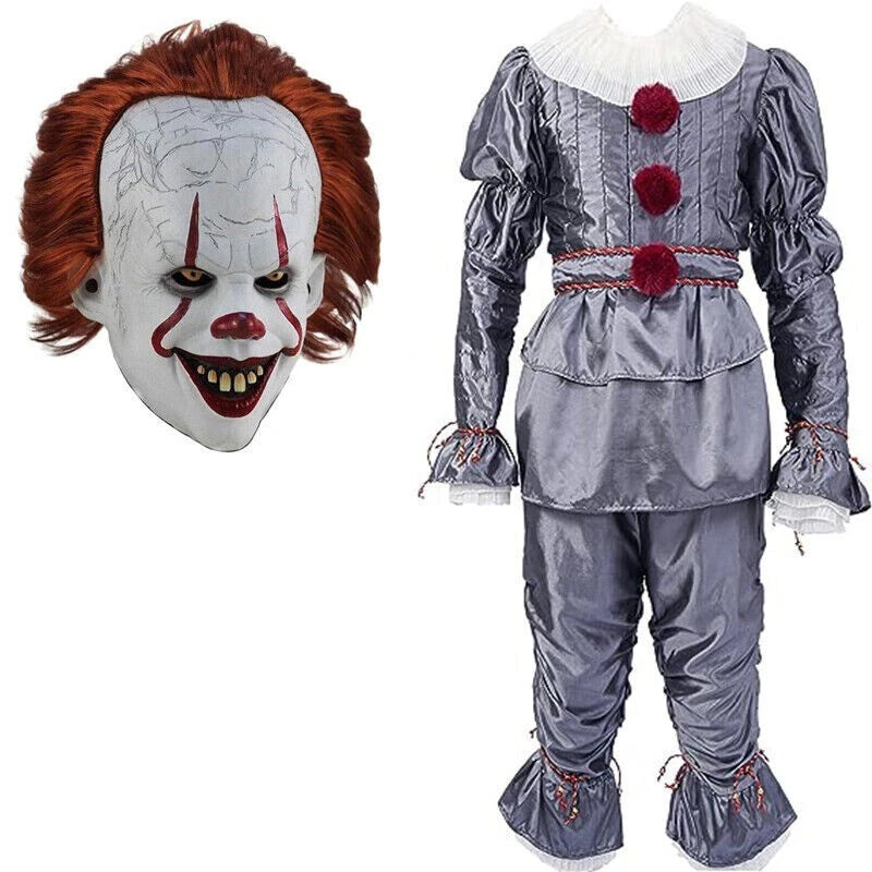 Adult Pennywise Clown Costume Halloween Cosplay Suit Outfit Fancy Dress Mask Men