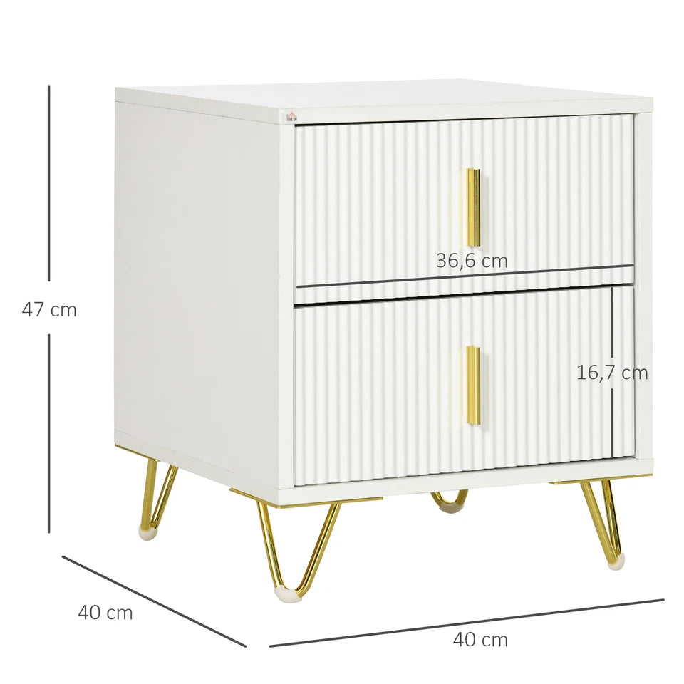 Bedside Table with 2 Drawers Gold Legs Side Table Nightstand Bedroom Furniture