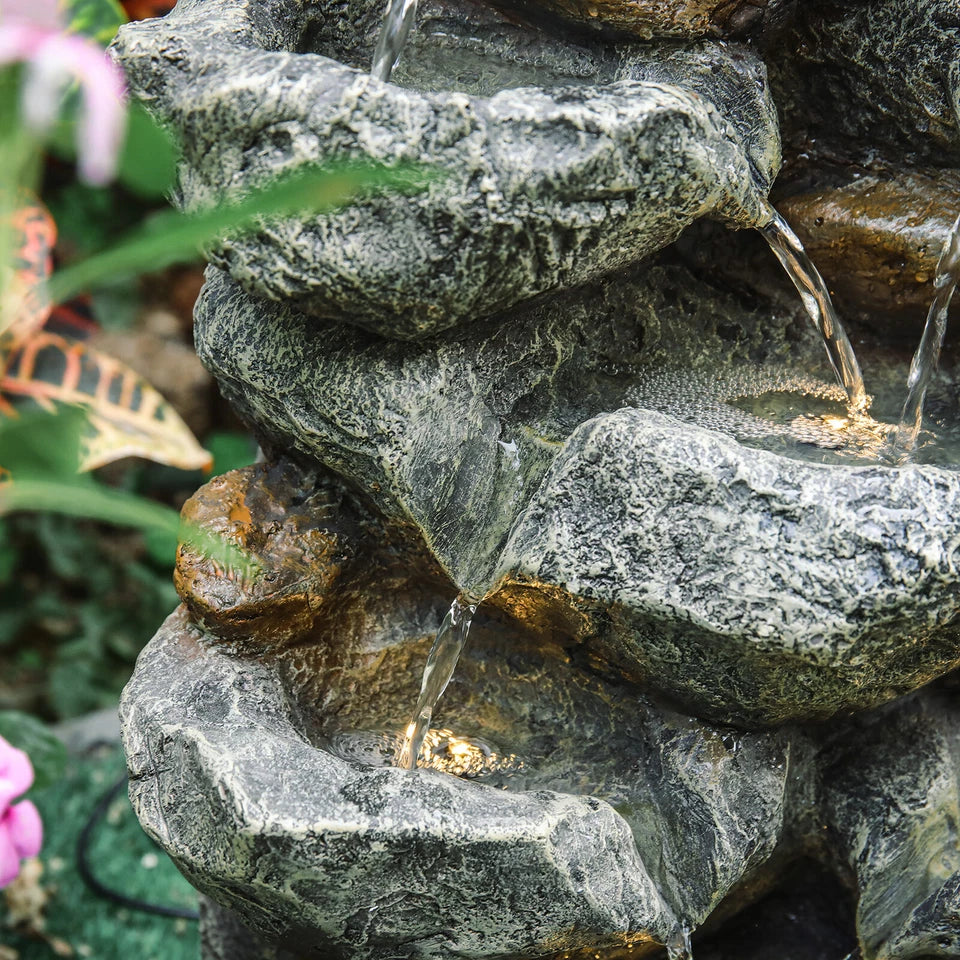 Solar Powered Cascading Stones Fountain LED Water Feature Garden Statues Pump