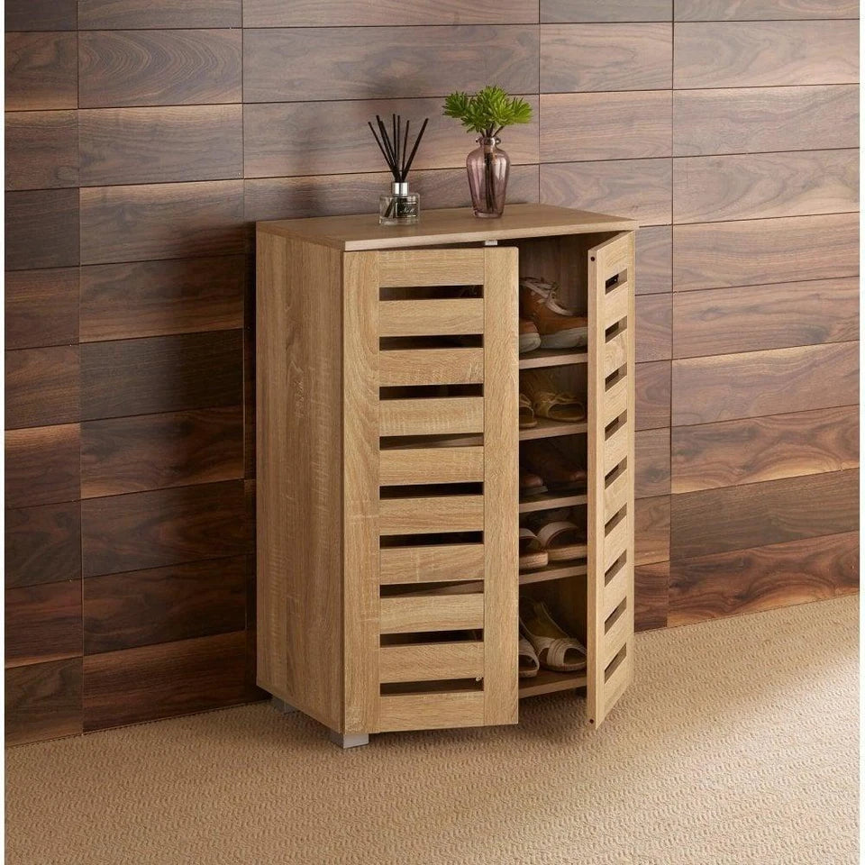 2 Door Shoe Storage Cabinet Rack Stand Cupboard Oak Wooden Slatted Doors Oslo