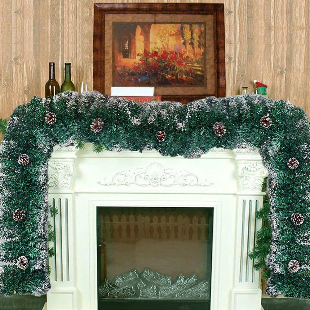 9ft Christmas Garland Snow Flocked With Lights Pinecones Berries Wreath Bushy