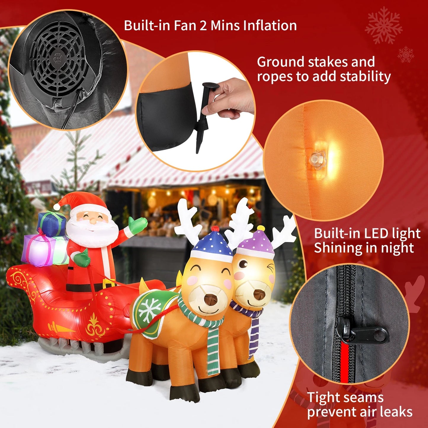 7FT Christmas Inflatable Santa Claus Sledge Sleigh Reindeer Blow Up Xmas Garden