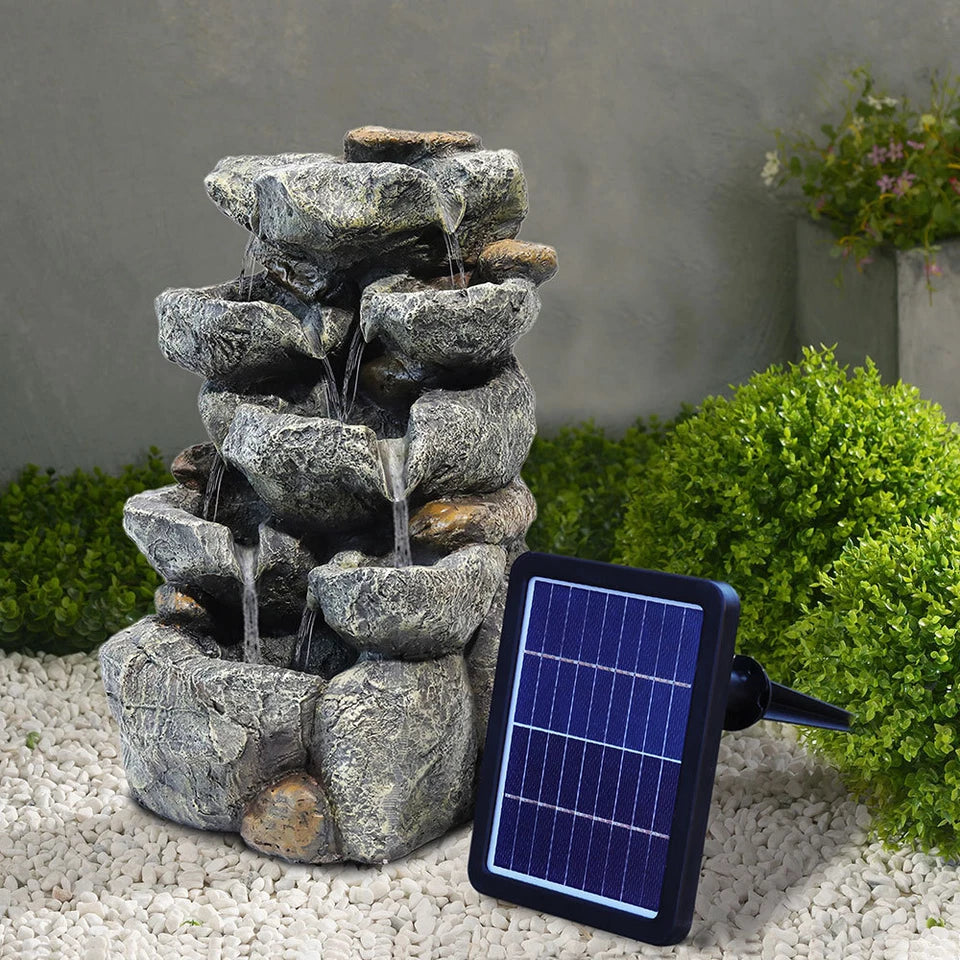 Solar Powered Cascading Stones Fountain LED Water Feature Garden Statues Pump