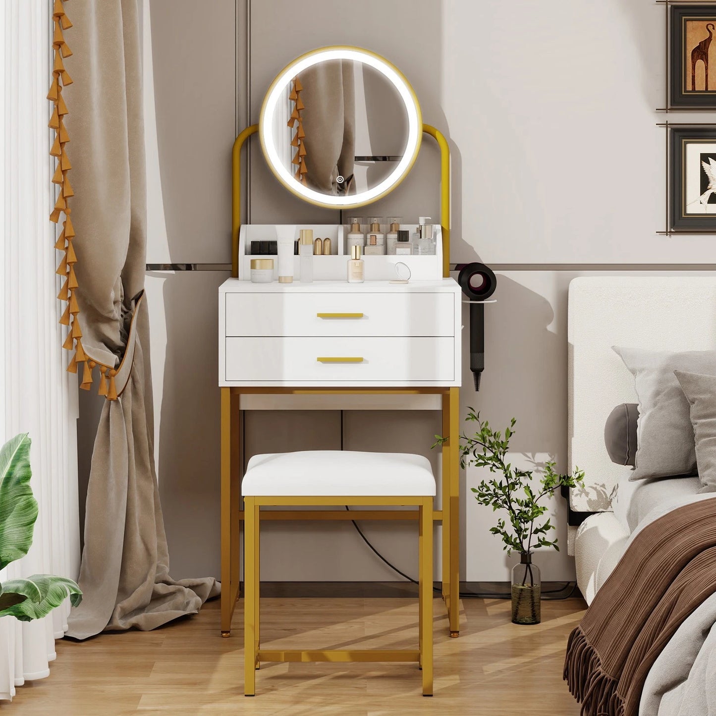 Modern Vanity Dressing Table LED Light Mirror Stool Shelves 2 Drawers Compact