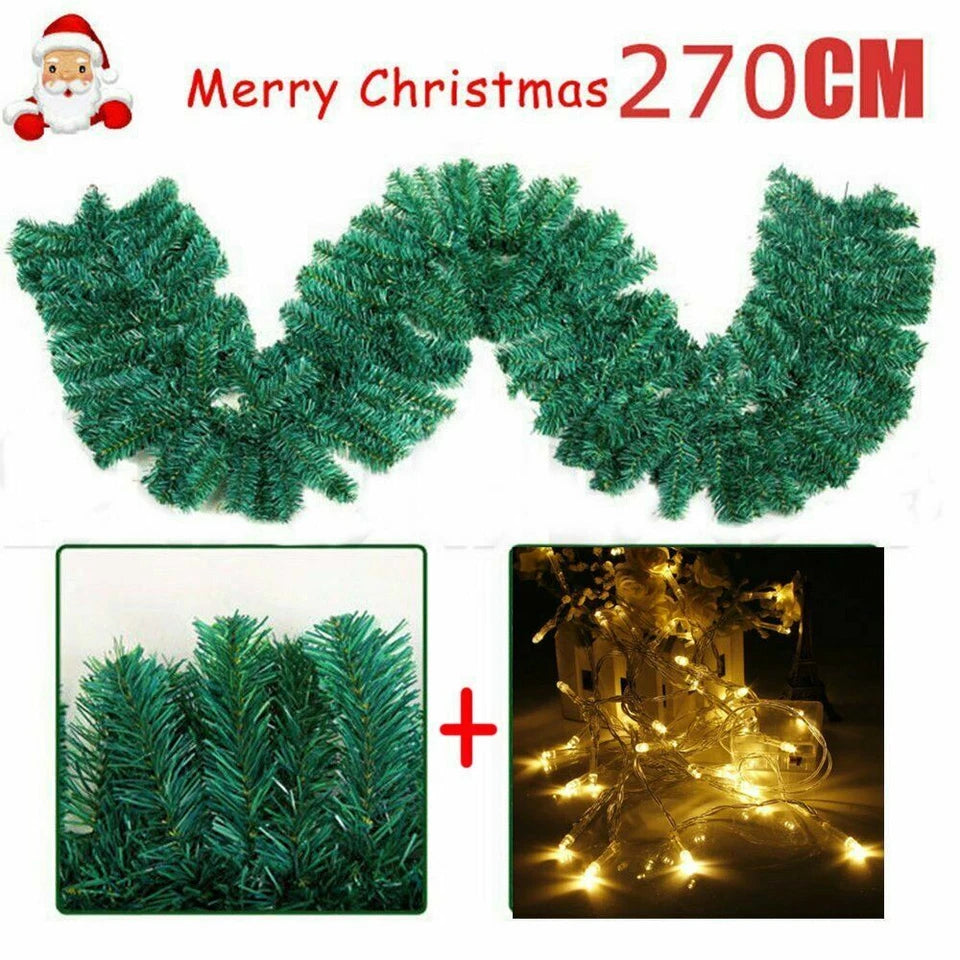 9ft Bushy Pine XMAS Christmas Garland with Lights for Stairs Outdoor Decorations