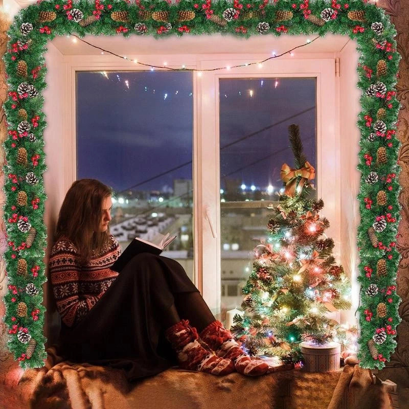 9ft Christmas Garland Snow Flocked With Lights Pinecones Berries Wreath Bushy