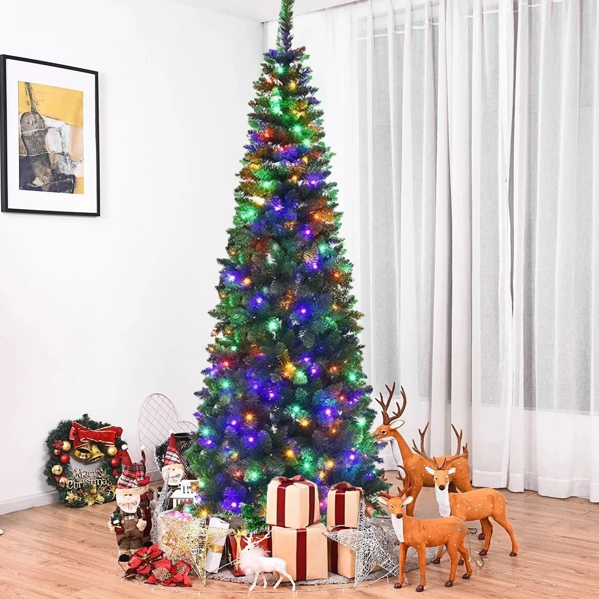 4/5/6/7ft Pencil Slim Christmas Tree with Lights Artificial XMAS Home Decoration