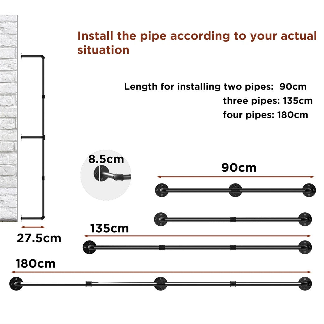 6ft Heavy Duty Clothes Rail Pipe Garment Rack Wall Mounted Hanging Clothing Pole