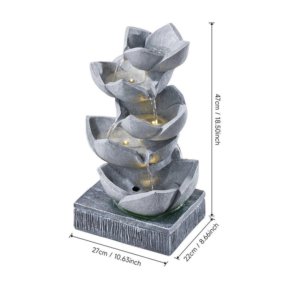 Water Feature Lotus Cascading Fountain With Solar LED Light Outdoor Garden Decor