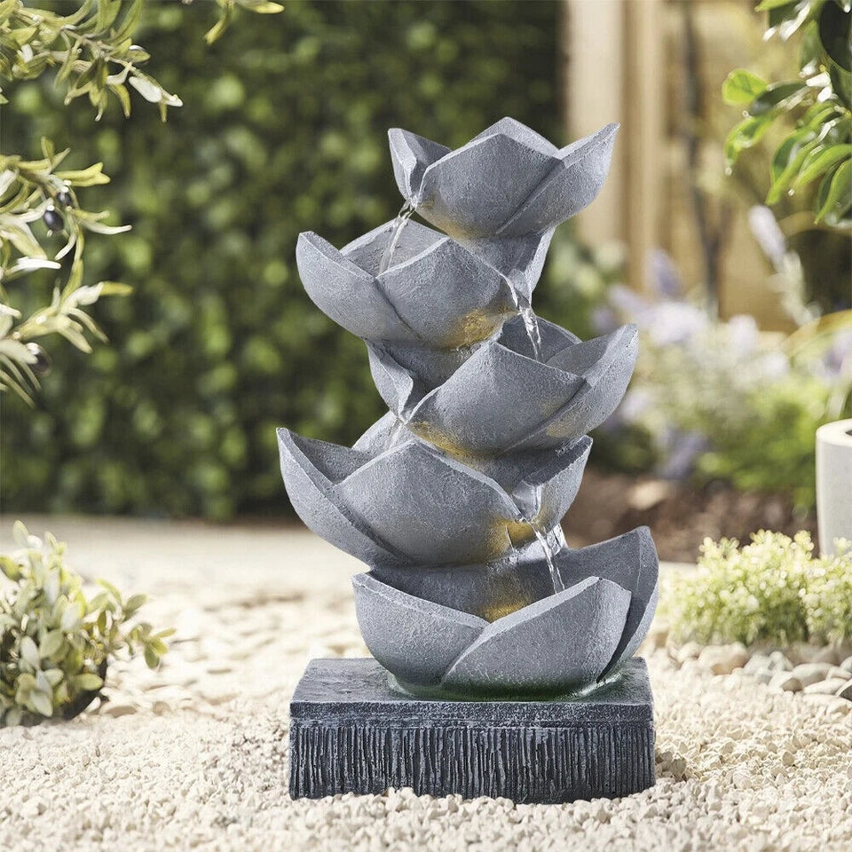 Water Feature Lotus Cascading Fountain With Solar LED Light Outdoor Garden Decor